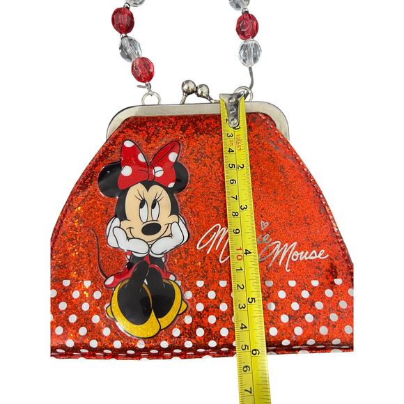 Disney Minnie Mouse Red Glitter Coin Purse Beaded Handle Polka Dot Clasp Bag - Picture 4 of 9